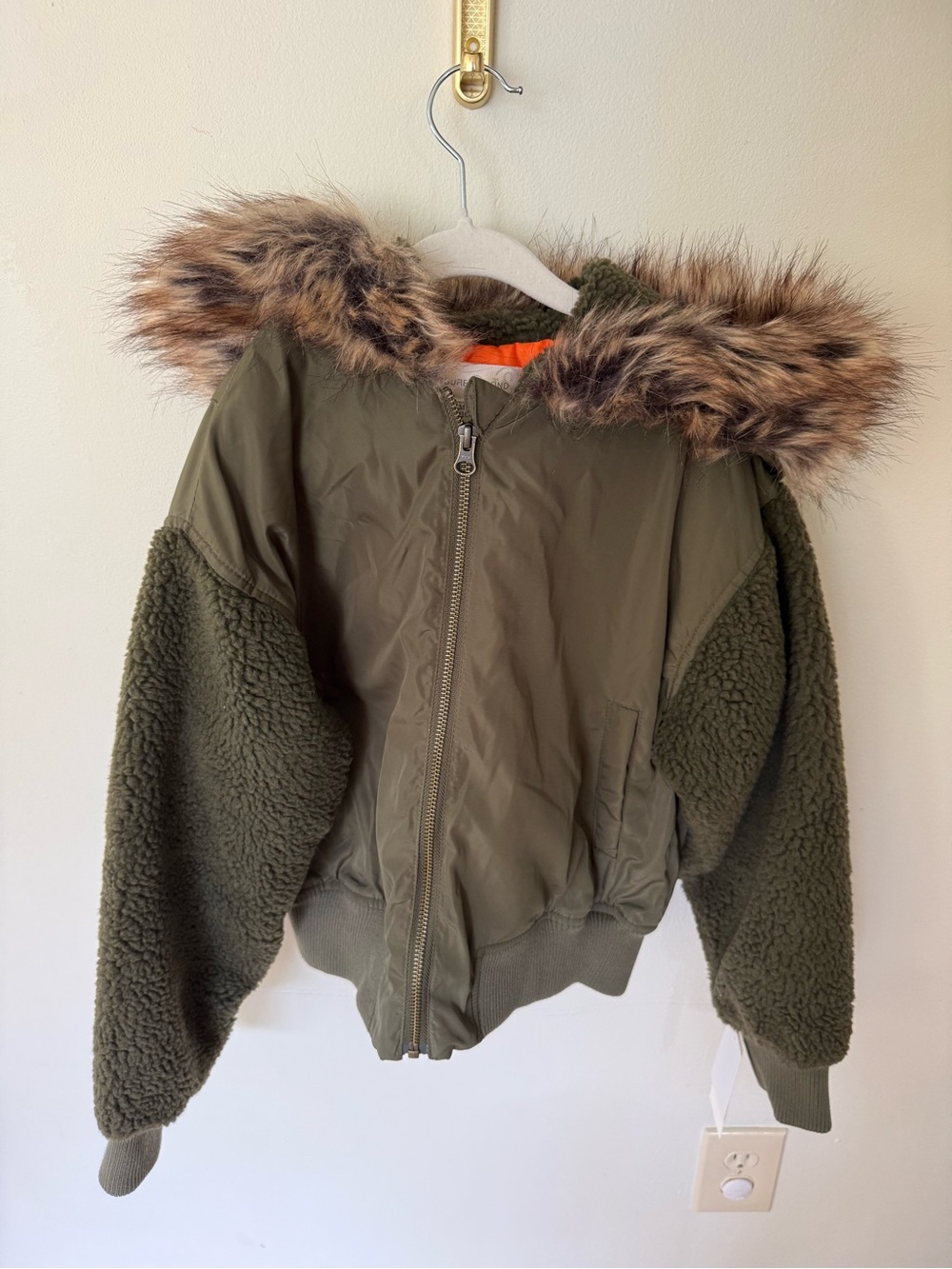 Treasure & Bond Olive Green Faux Fur Trim Bomber Jacket